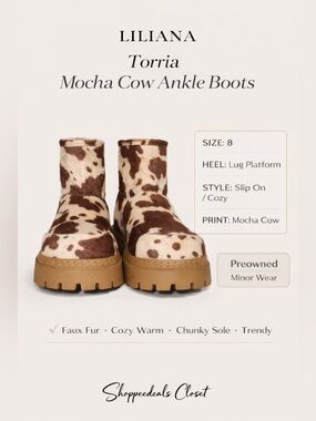 Liliana Torria Alaska Ankle Boots Mocha Cow Print Size 8